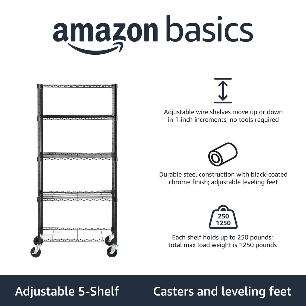 5-Shelf Heavy Duty Adjustable Metal Wire Shelving Storage Rack with Wheel Casters, Black D7951