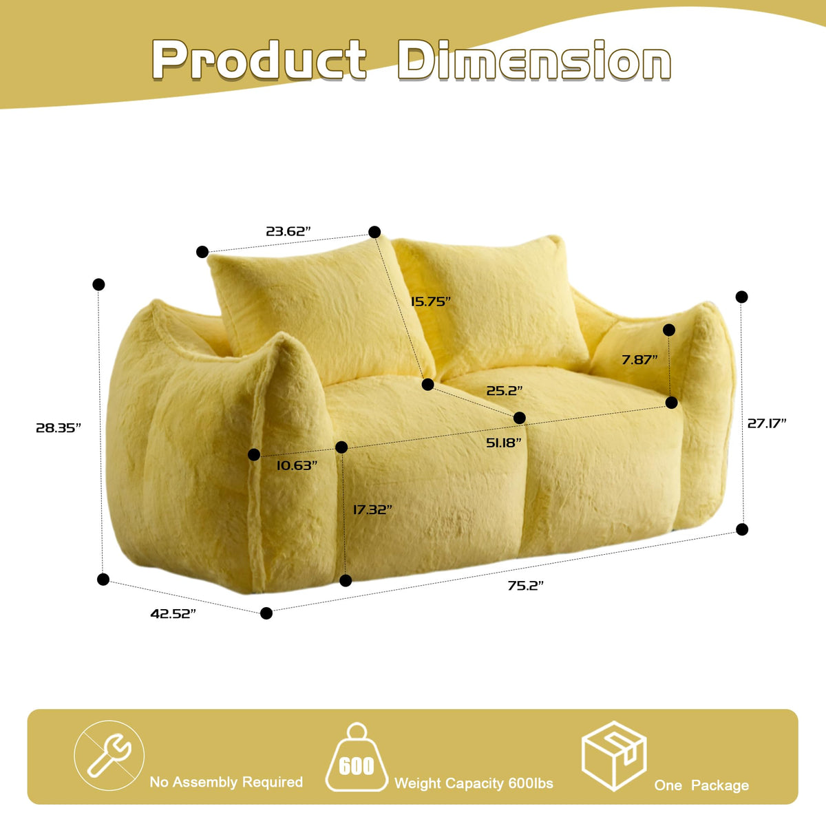 Oversized Yellow Fluffy Loveseat with Pillows I89449