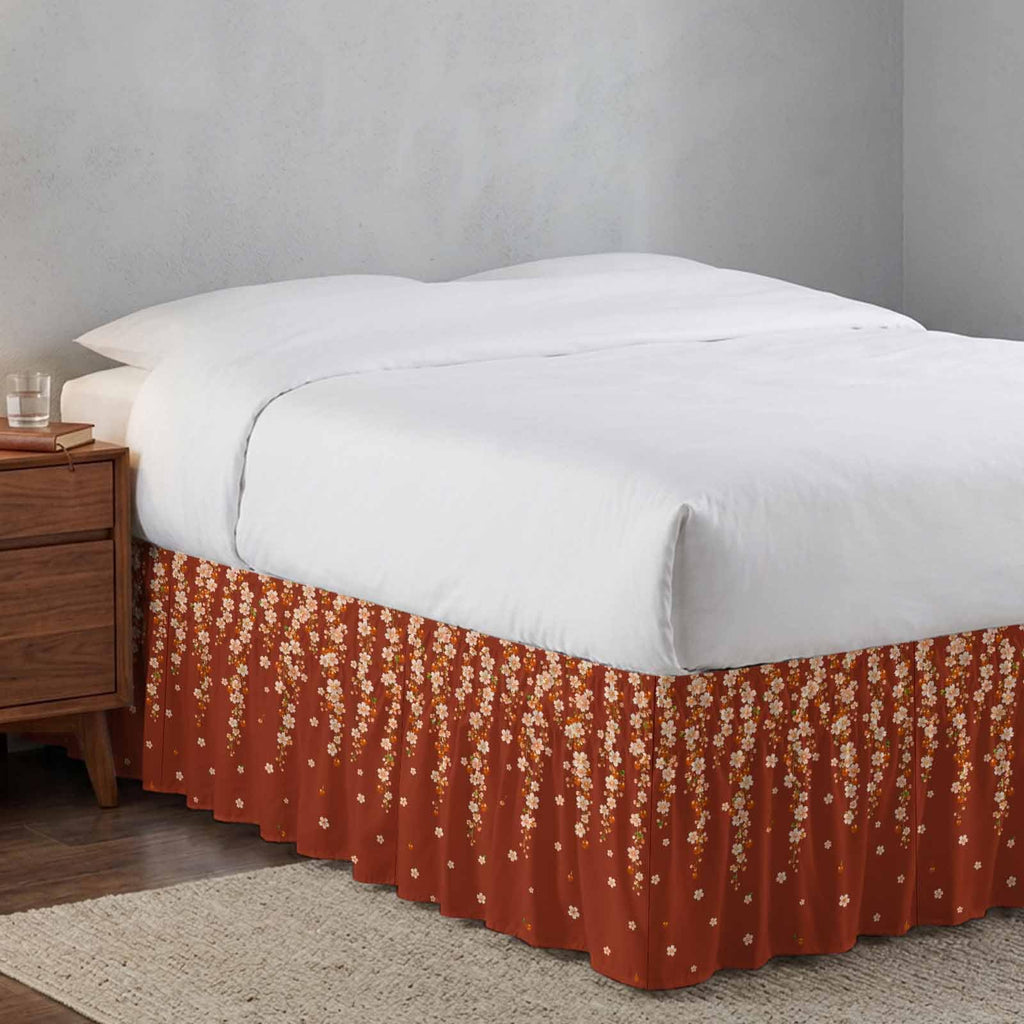 Brown Cherry Blossoms Ruffle Wrap Around Bed Skirt California King 18" Drop C89904