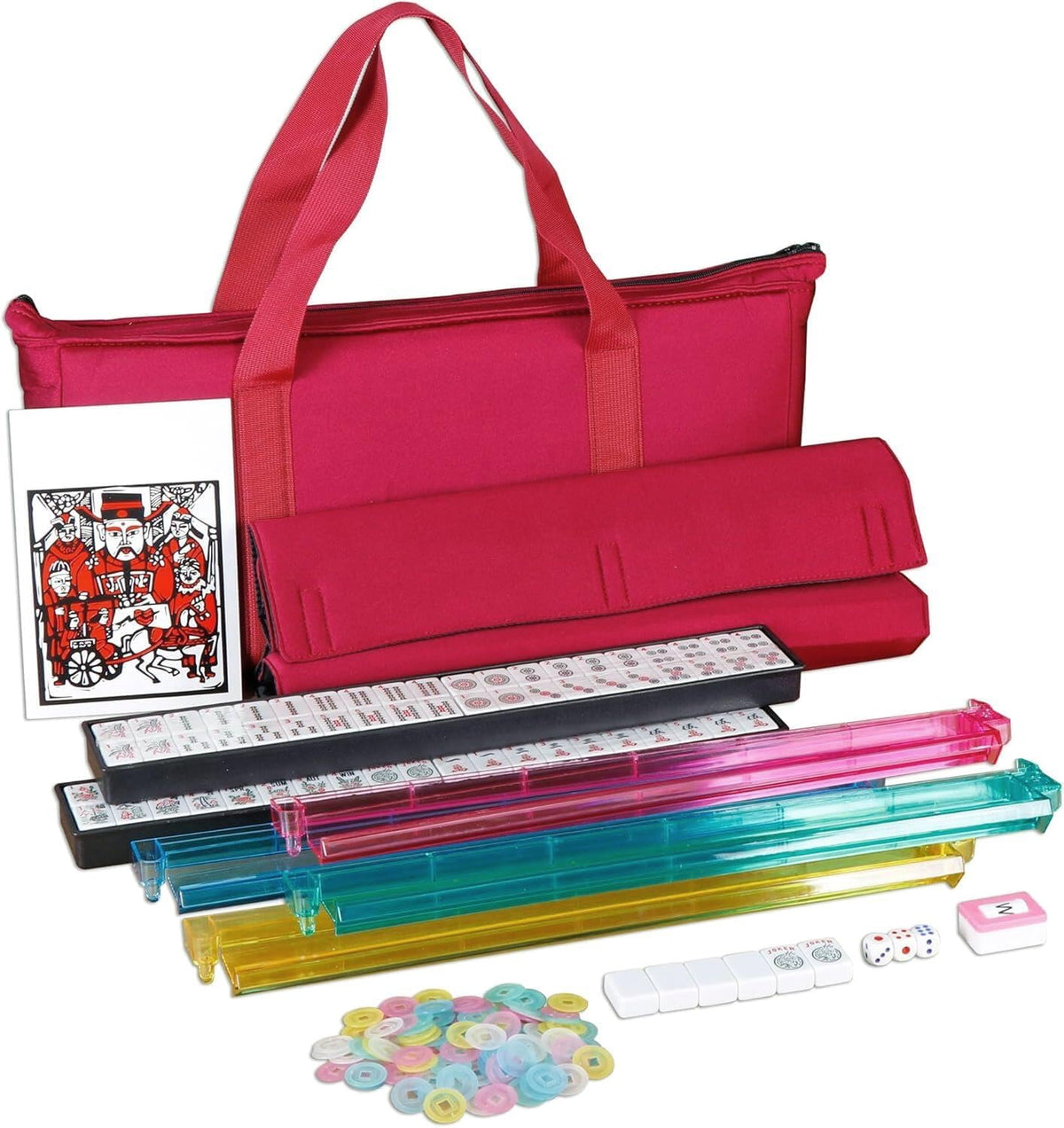166 Tiles 4 Colors Mahjong Set with Rack Pushers Soft Bag A67813