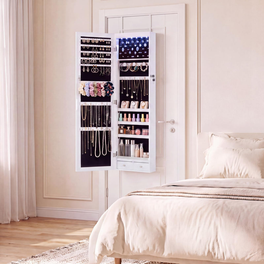 White 6 LEDs Mirror Jewelry Cabinet D109540