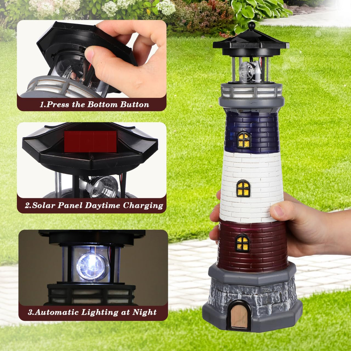 Solar Lighthouse Statue, Resin Waterproof, Black, 4.72 X 4.72 X 14.76 Inches P3110
