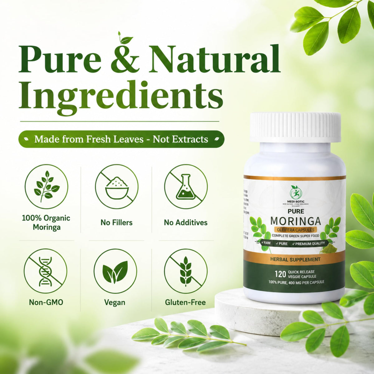 Organic Moringa Capsules 800mg 120 Count M4920