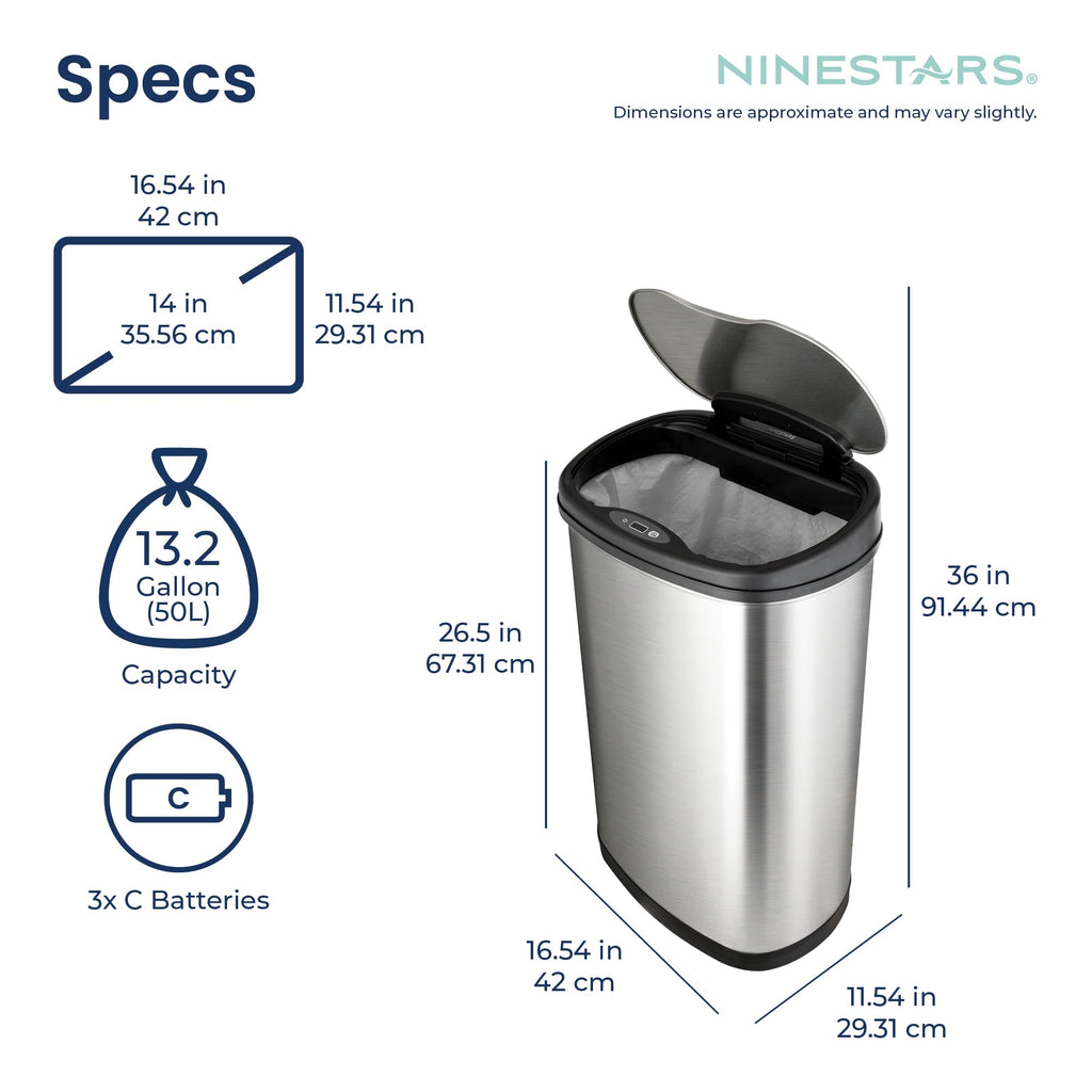 13 Gallon Oval Automatic Trash Can, 50L Touchless Motion Sensor Garbage Can with Odor-Sealing Lid & One-Touch Manual Mode, Silver Stainless Steel, Black Trim O385852