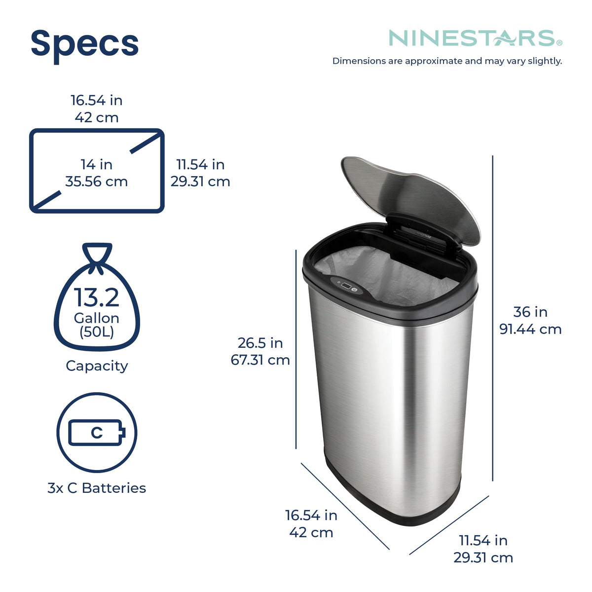 13 Gallon Oval Automatic Trash Can, 50L Touchless Motion Sensor Garbage Can with Odor-Sealing Lid & One-Touch Manual Mode, Silver Stainless Steel, Black Trim O385852