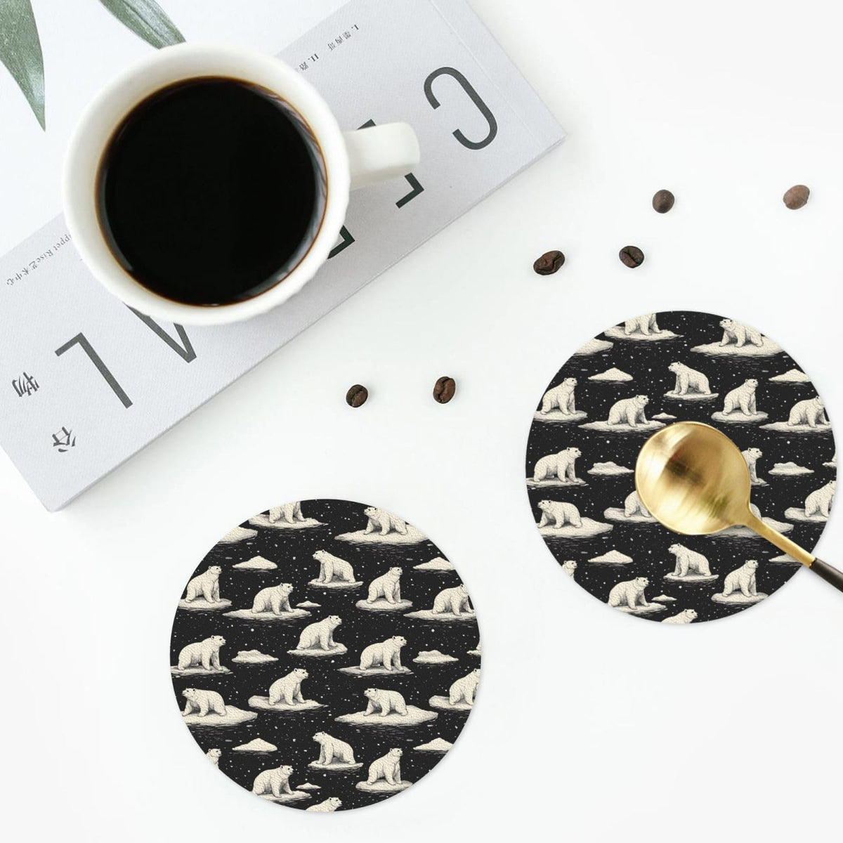 Leather Coasters Set of 4 White Bear Print Non-Slip K6747