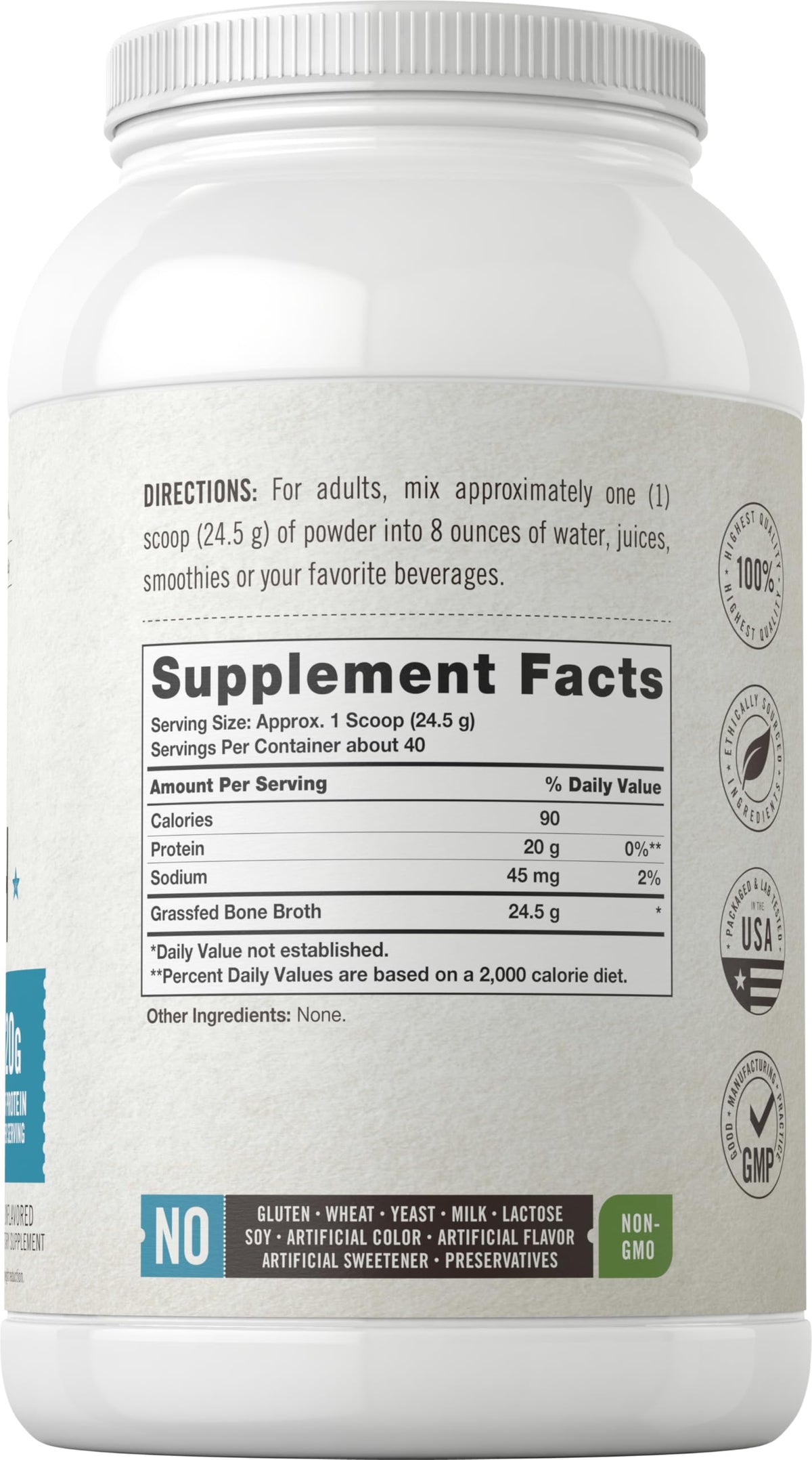Grass Fed Bone Broth Protein Powder 35.2 oz 20g Protein Non-GMO Gluten Free V5882