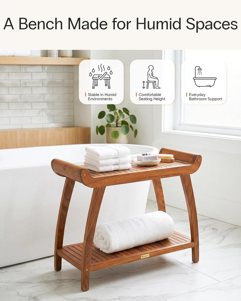 Teak Shower Bench with Storage Shelf I857497