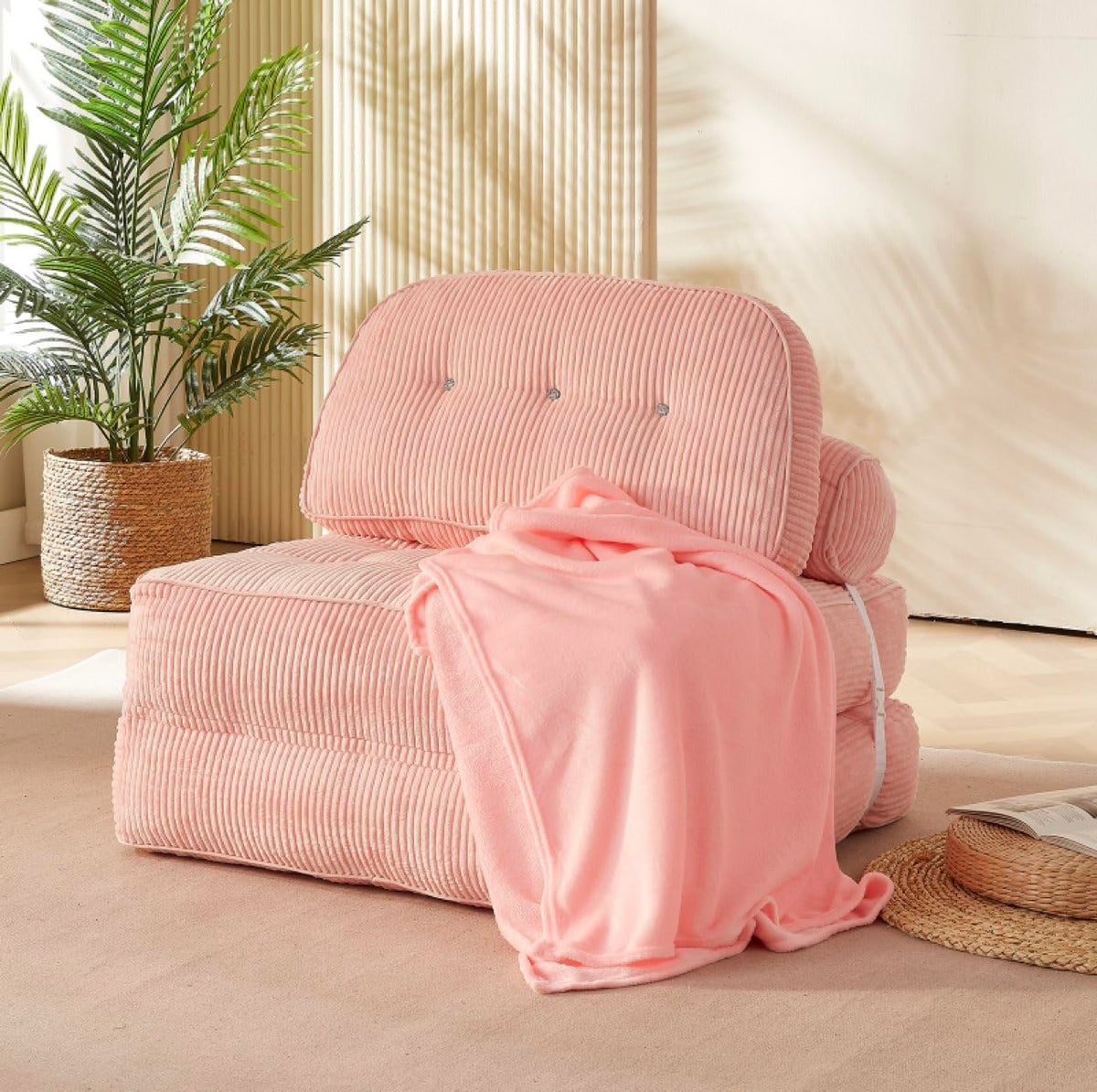 Pink Foldable Sofa Bed with Pillow & Blanket Z753