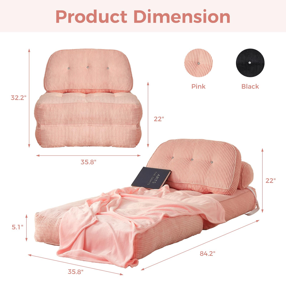Pink Foldable Sofa Bed with Pillow & Blanket Z753