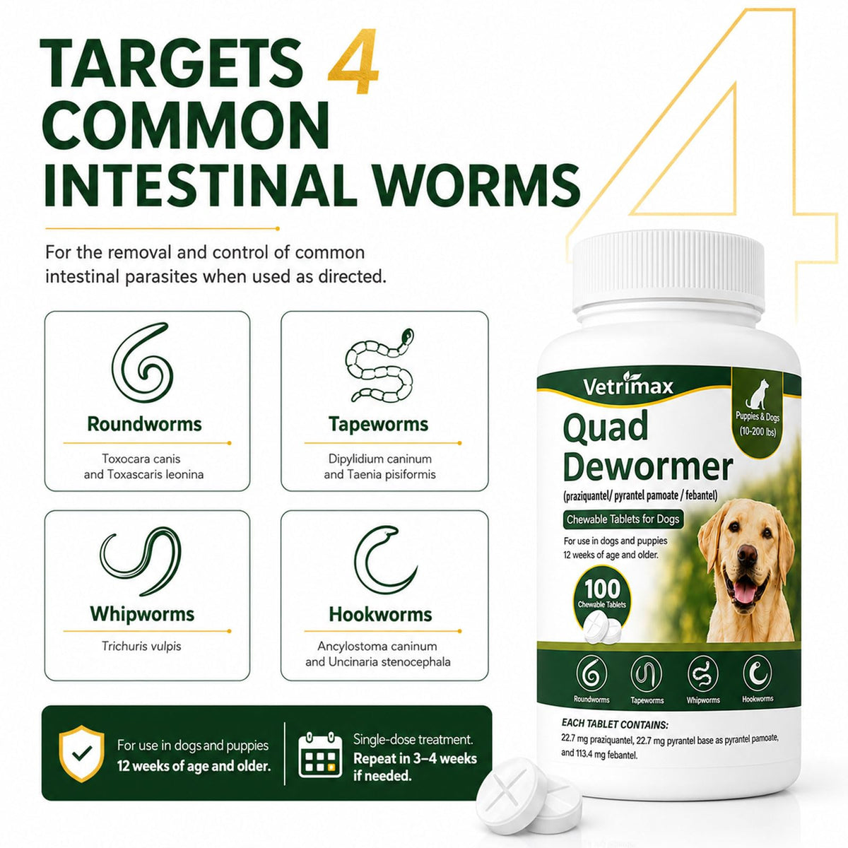 Dewormer for Dogs, 4-Way Wormer, 100 Count O14943