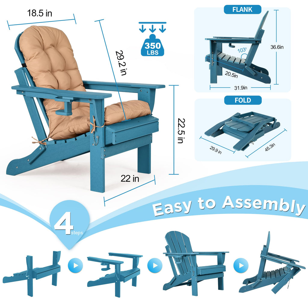 Folding Adirondack Chairs Set of 2 with Cushion, Blue HDPE Plastic Oversized Patio Chair N14958