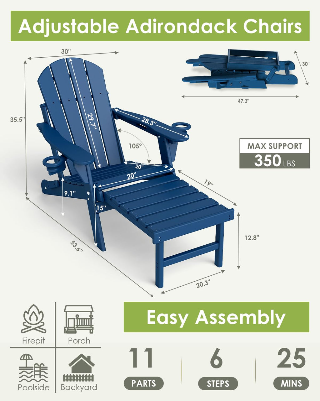 Adjustable Adirondack Chairs with Ottoman Set of 2 Blue M5940