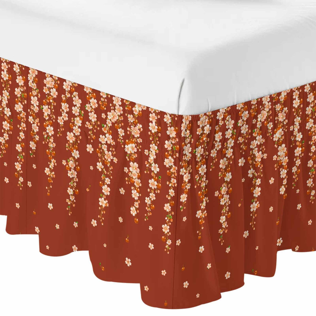 Brown Cherry Blossoms Ruffle Wrap Around Bed Skirt California King 18" Drop C89904