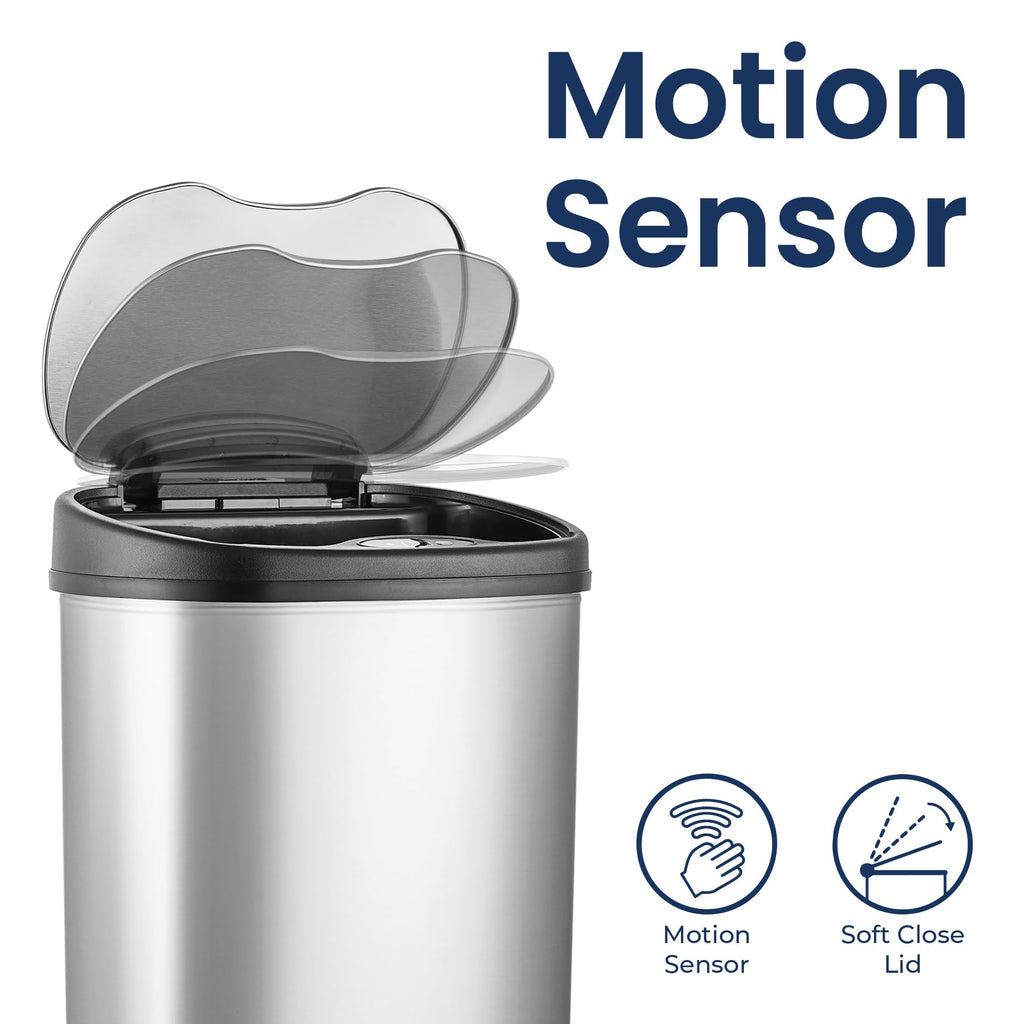 13 Gallon Oval Automatic Trash Can, 50L Touchless Motion Sensor Garbage Can with Odor-Sealing Lid & One-Touch Manual Mode, Silver Stainless Steel, Black Trim O385852