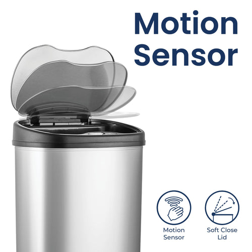 13 Gallon Oval Automatic Trash Can, 50L Touchless Motion Sensor Garbage Can with Odor-Sealing Lid & One-Touch Manual Mode, Silver Stainless Steel, Black Trim O385852