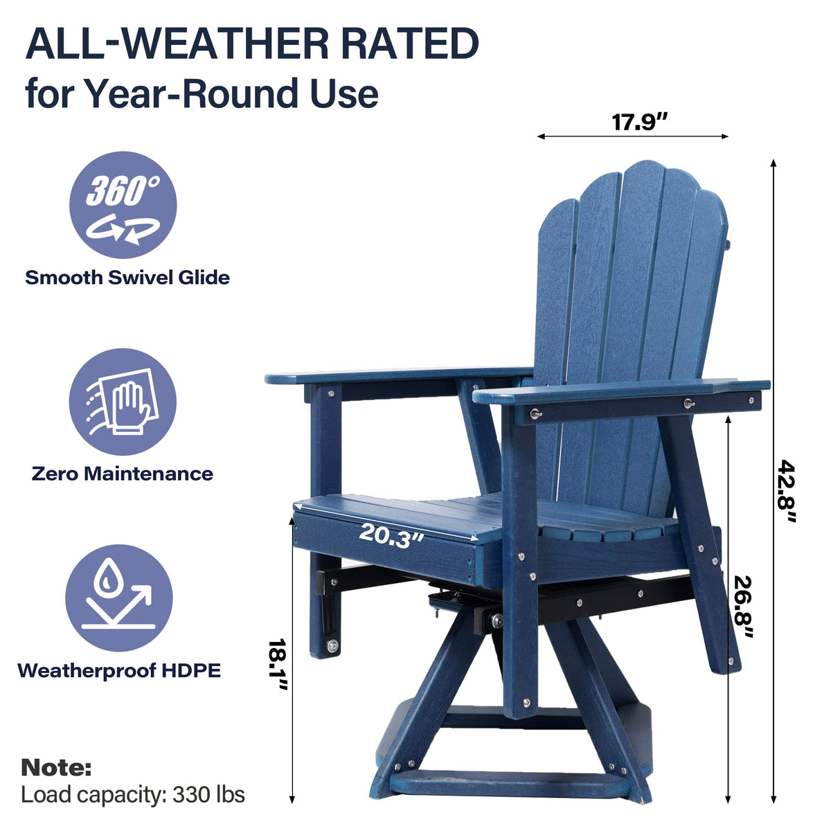 Blue 360° Swivel HDPE Adirondack Glider Chair J286174