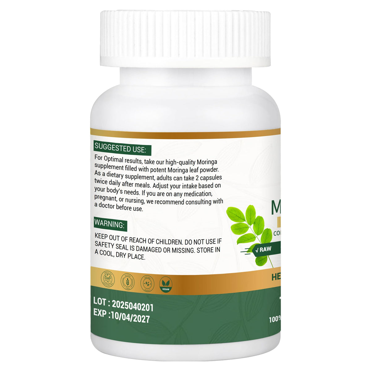 Organic Moringa Capsules 800mg 120 Count M4920