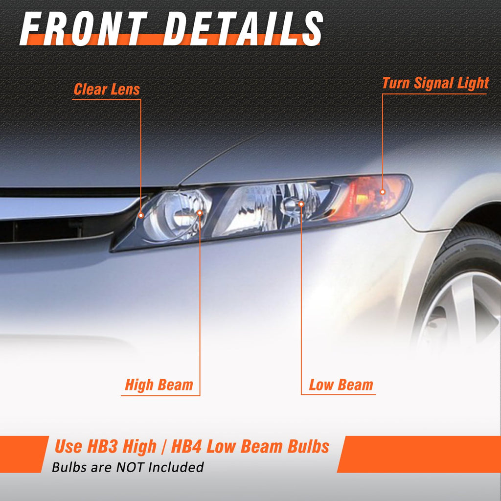 2006-2011 Honda Civic Black Clear Headlights Assembly Pair S27081