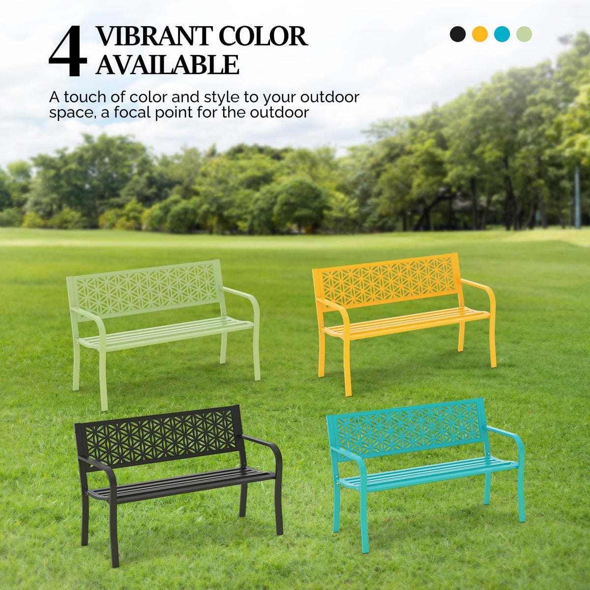 50" Black Metal Outdoor Bench with Floral Back F69148
