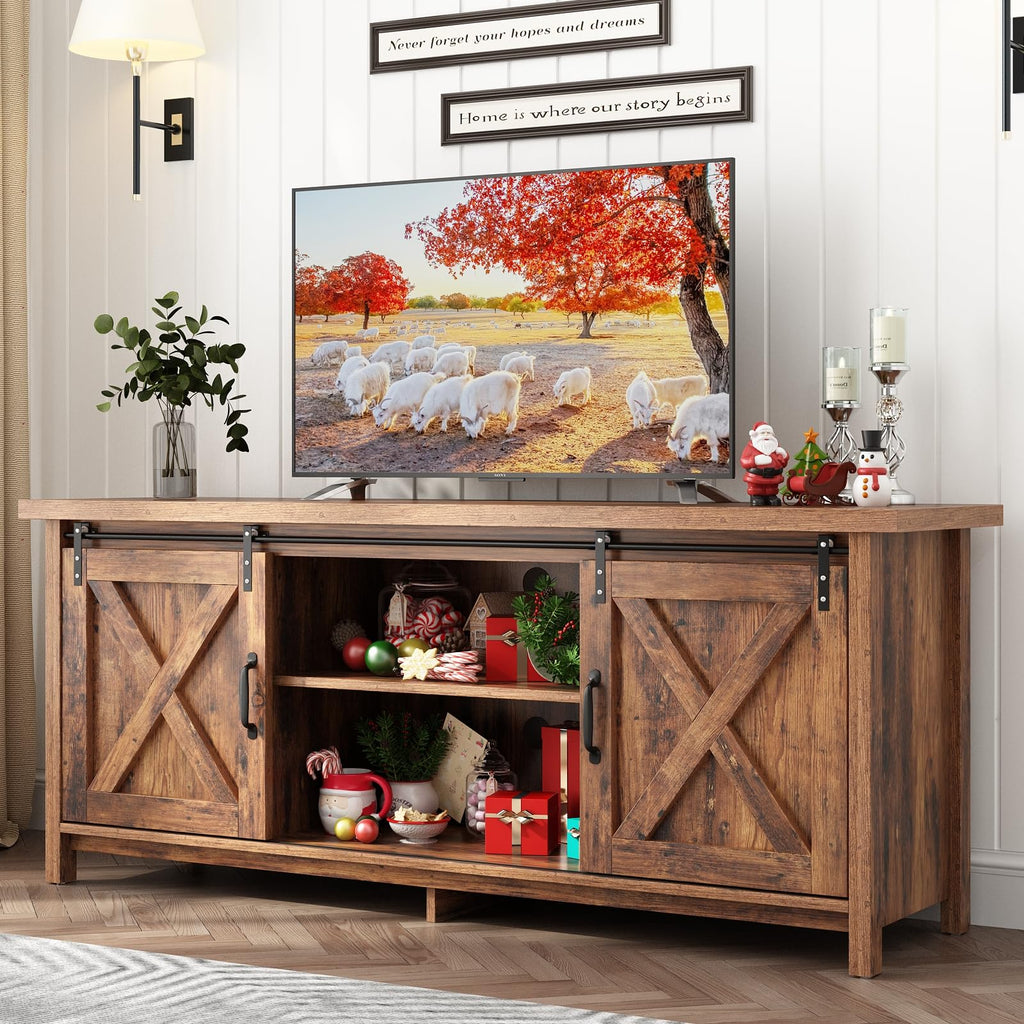 Farmhouse TV Stand with Adjustable Shelves & Sliding Barn Door X1769