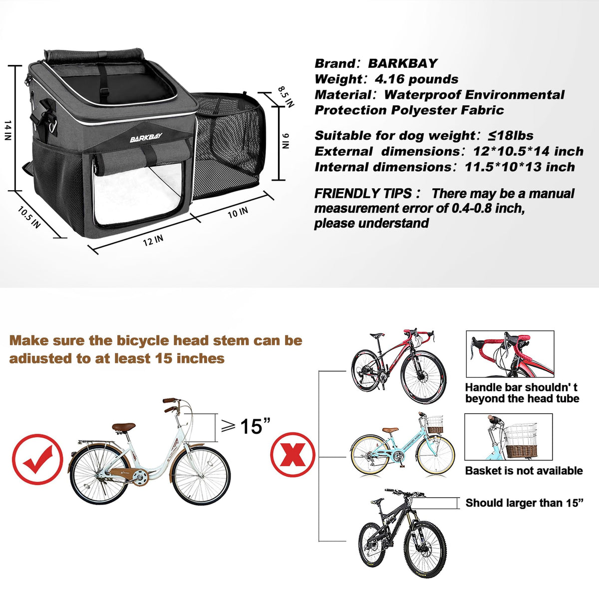 Foldable Soft-Sided Dog Bike Basket Carrier with 2 Open Doors Z918582