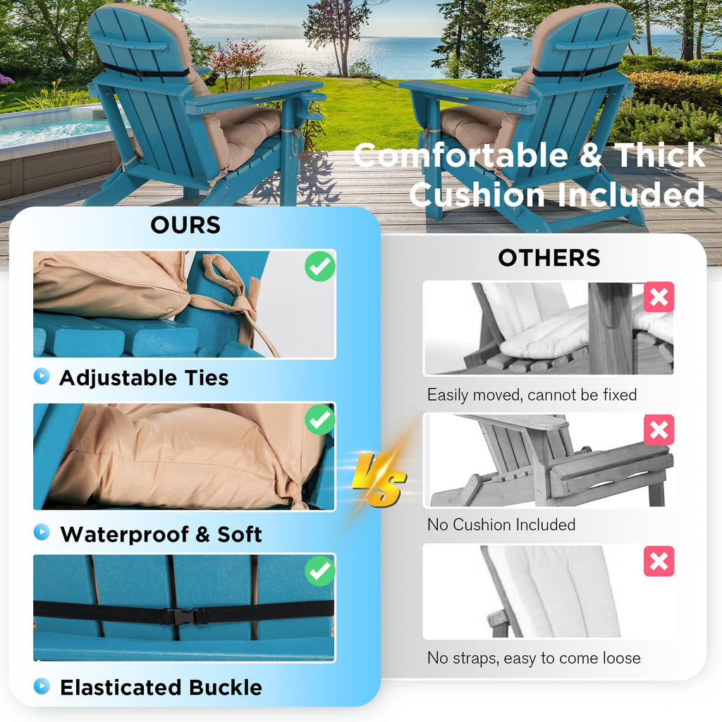 Folding Adirondack Chairs Set of 2 with Cushion, Blue HDPE Plastic Oversized Patio Chair N14958