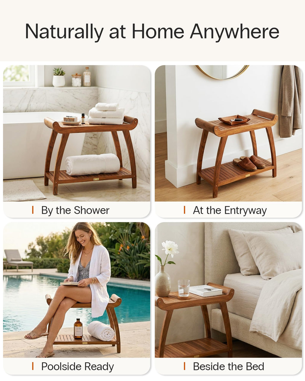 Teak Shower Bench with Storage Shelf I857497