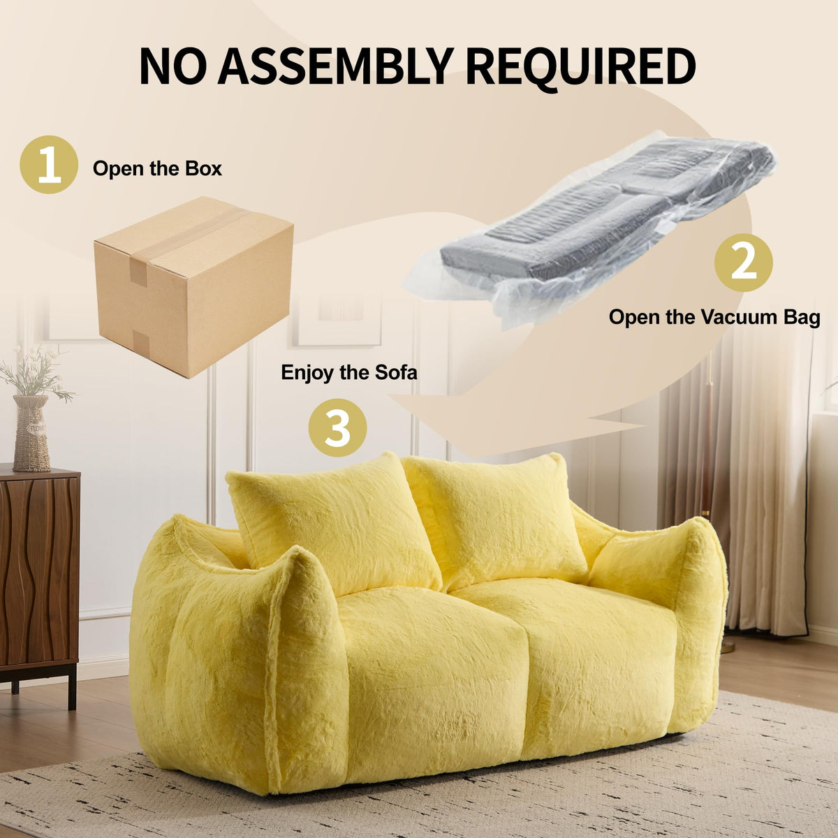 Oversized Yellow Fluffy Loveseat with Pillows I89449