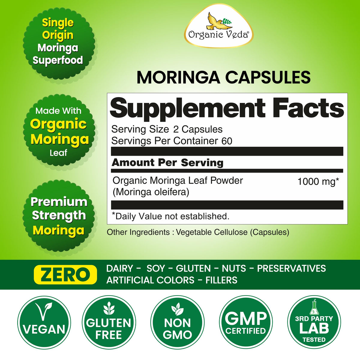 1000mg Organic Moringa Capsule 120 Vegan Capsule W808557