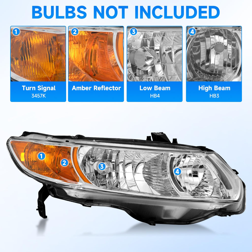 Headlight Assembly for 2006-2011 Honda Civic 2-Door Chrome Housing Amber Reflector R805569