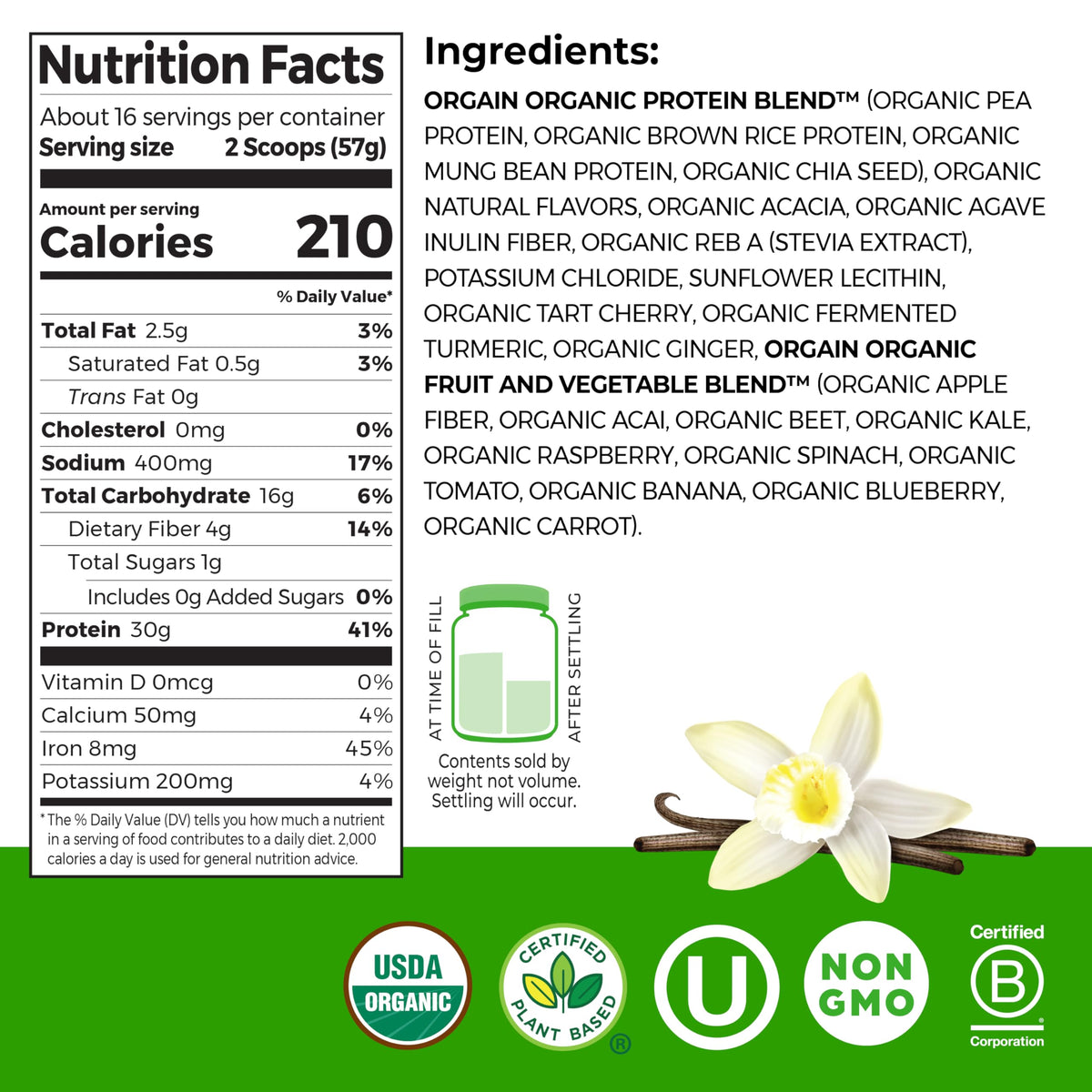 Organic Vegan 30g High Protein Powder Vanilla 2.01 lb I2277