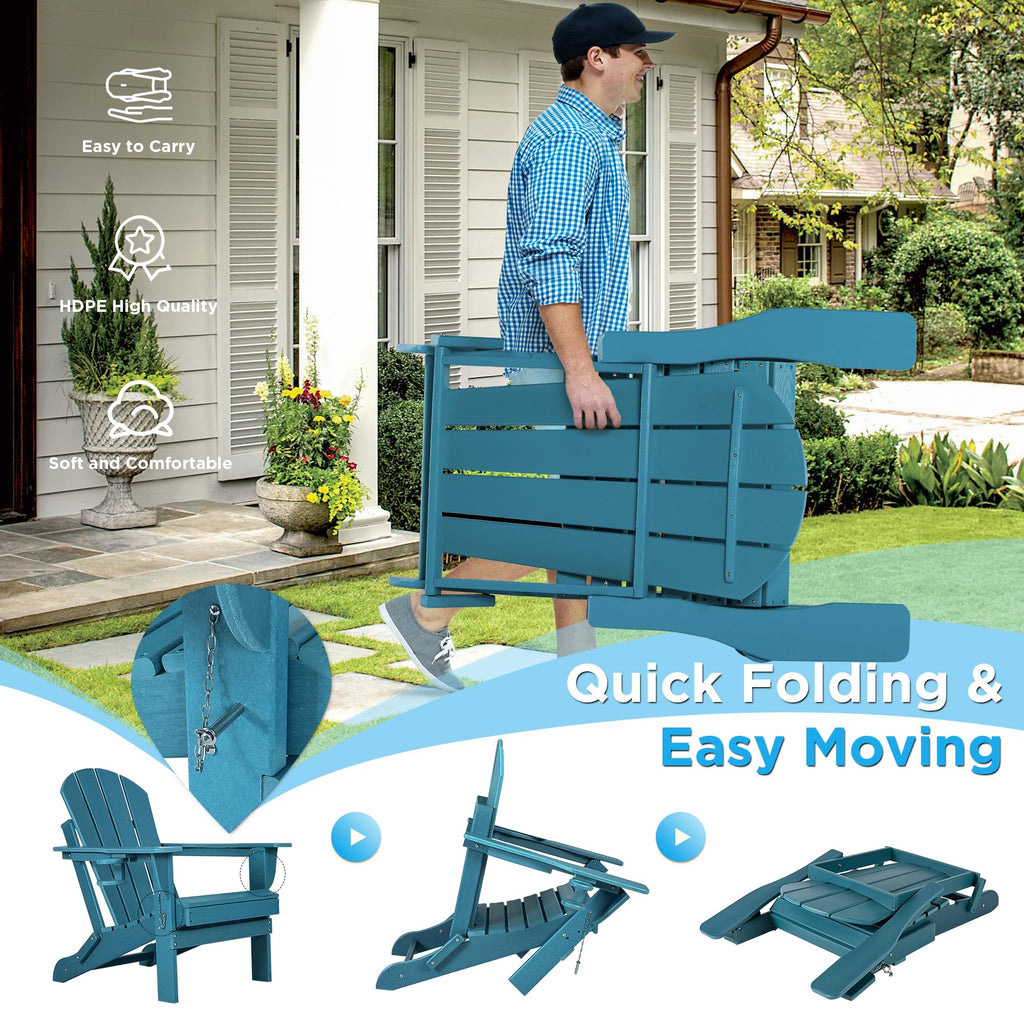 Folding Adirondack Chairs Set of 2 with Cushion, Blue HDPE Plastic Oversized Patio Chair N14958