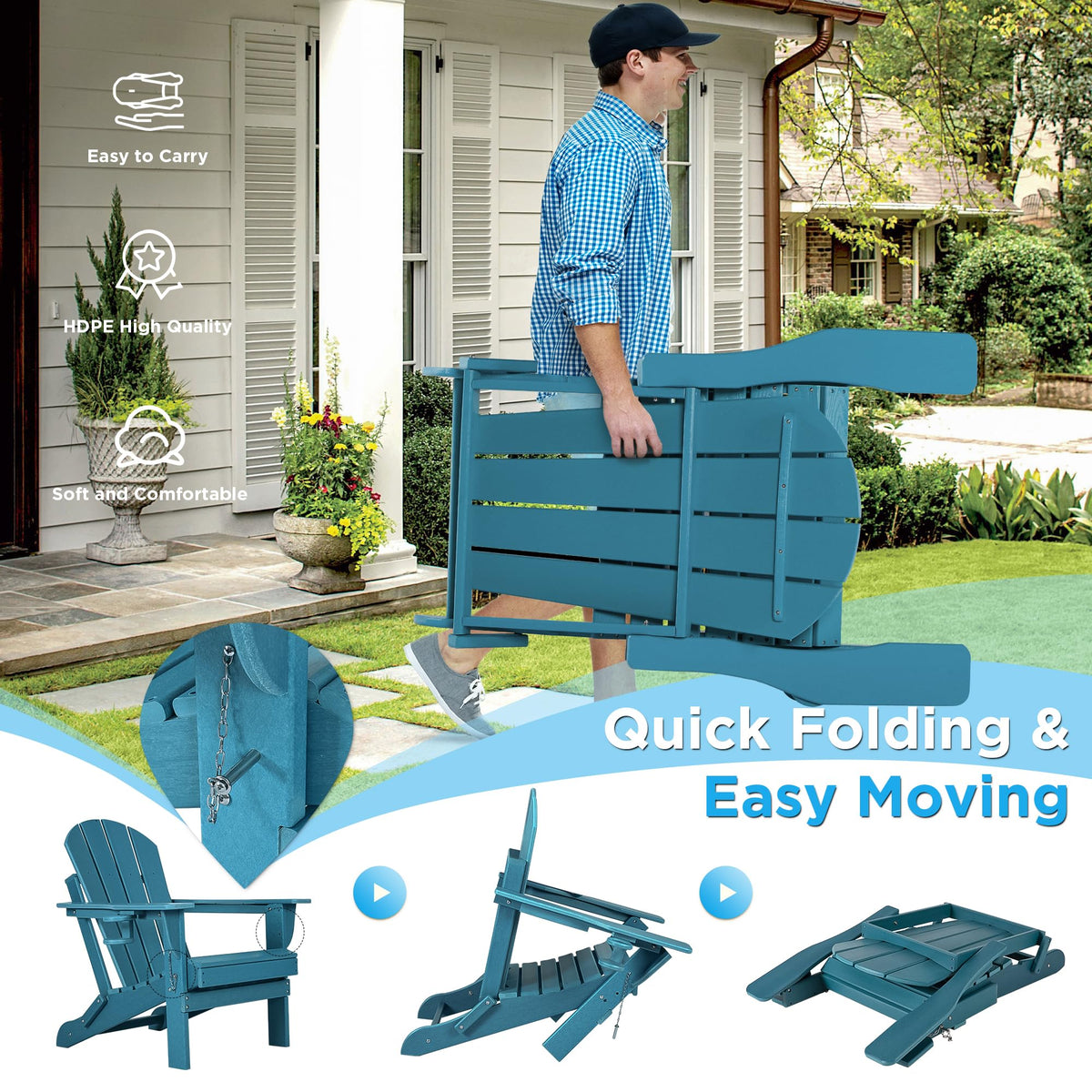 Folding Adirondack Chairs Set of 2 with Cushion, Blue HDPE Plastic Oversized Patio Chair N14958