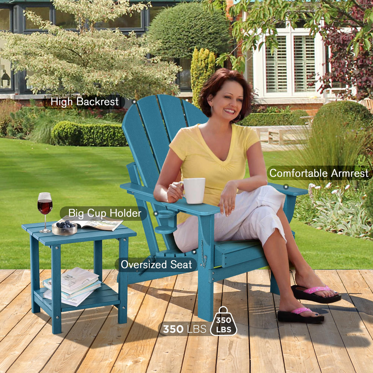 Folding Adirondack Chairs Set of 2 with Cushion, Blue HDPE Plastic Oversized Patio Chair N14958