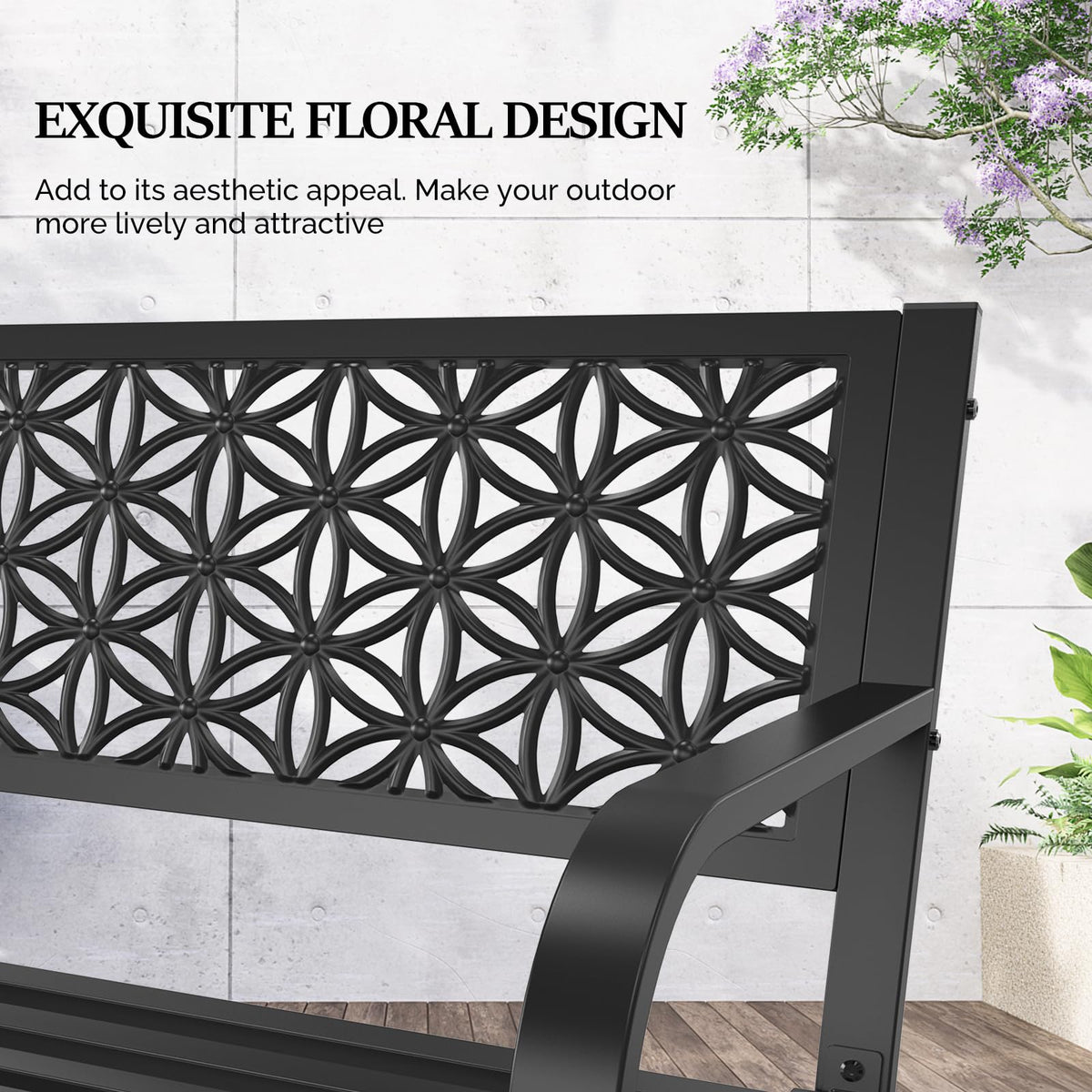 50" Black Metal Outdoor Bench with Floral Back F69148
