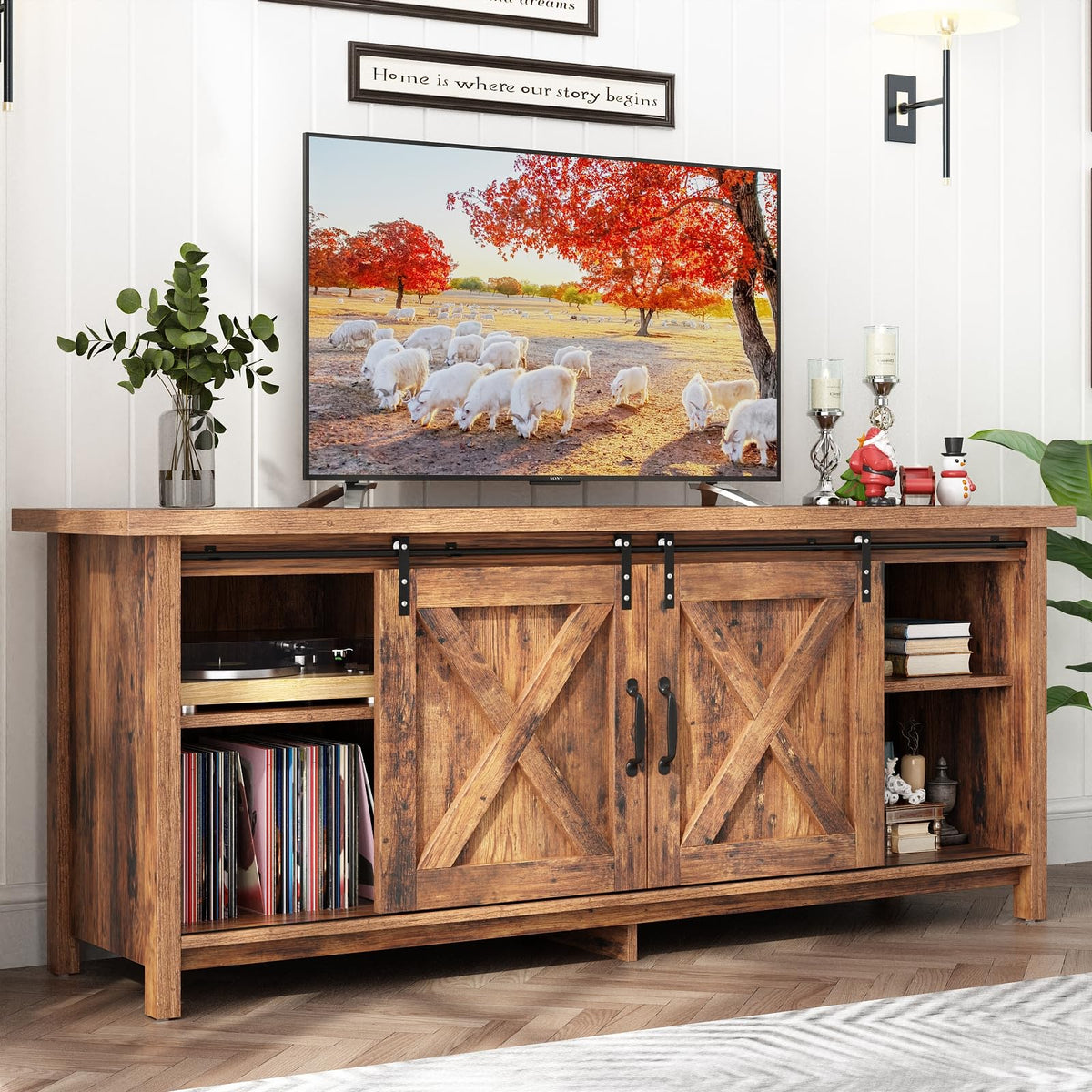 Farmhouse TV Stand with Adjustable Shelves & Sliding Barn Door X1769