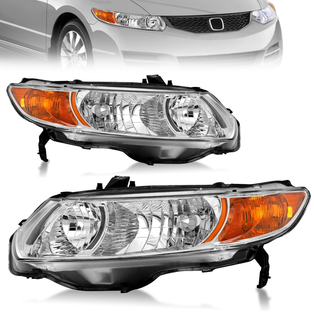 Headlight Assembly for 2006-2011 Honda Civic 2-Door Chrome Housing Amber Reflector R805569