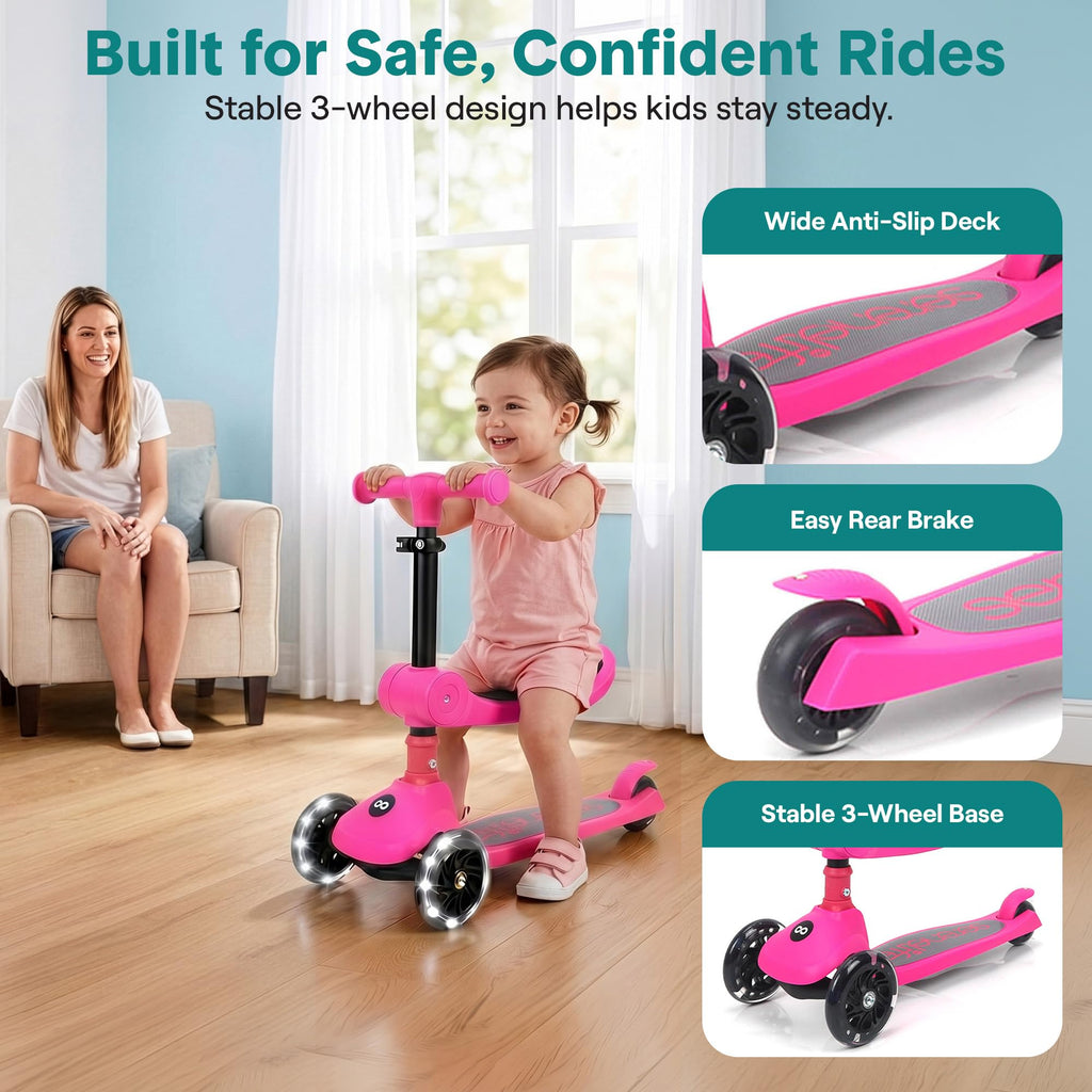 3 Wheel Scooter for Toddlers & Kids, Foldable Seat, LED Wheels, Adjustable Handlebar, Anti-Slip Deck, Rear Foot Brake, Lean-to-Steer, Pink B634