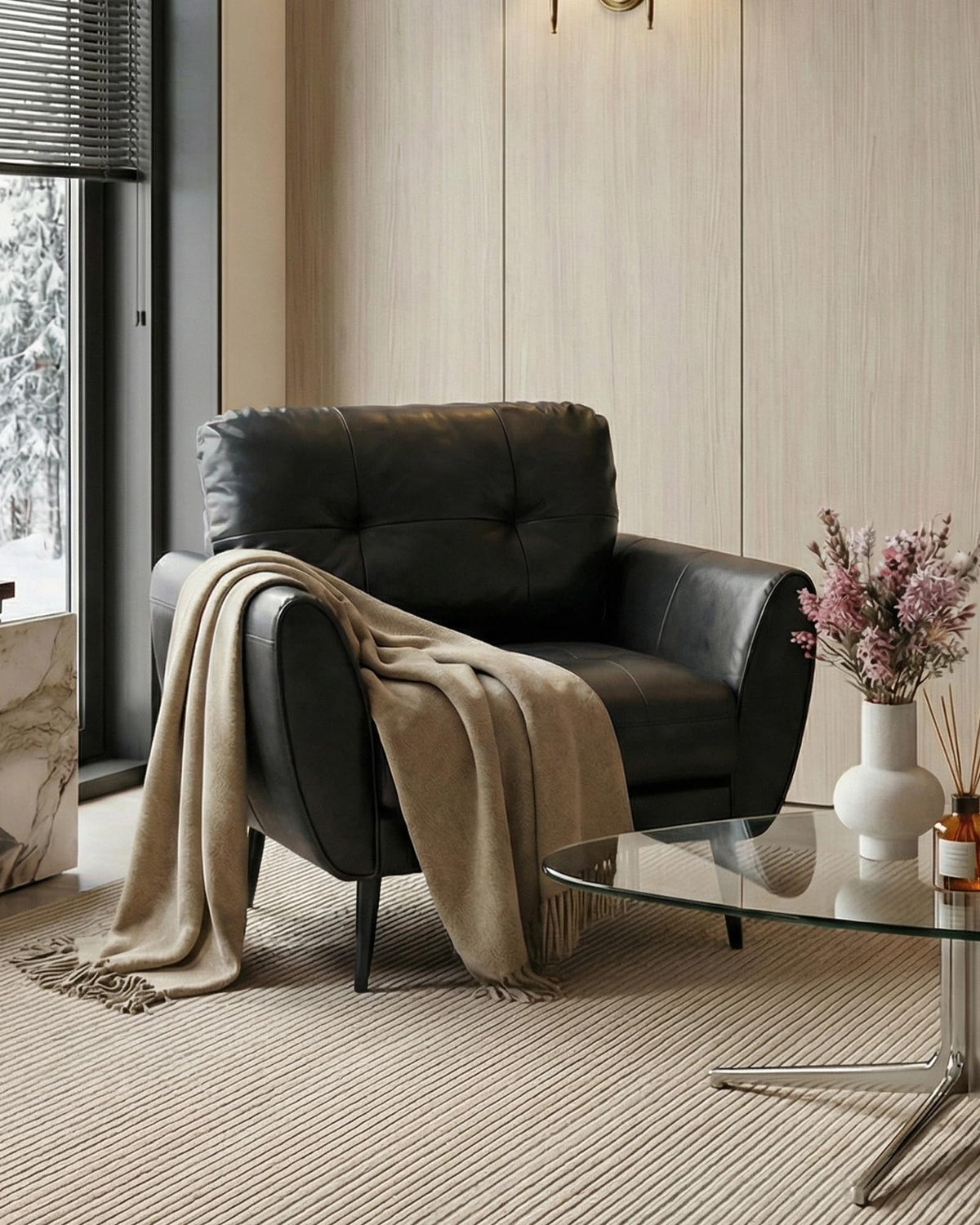 Black Leather Tufted Accent Chair K3965