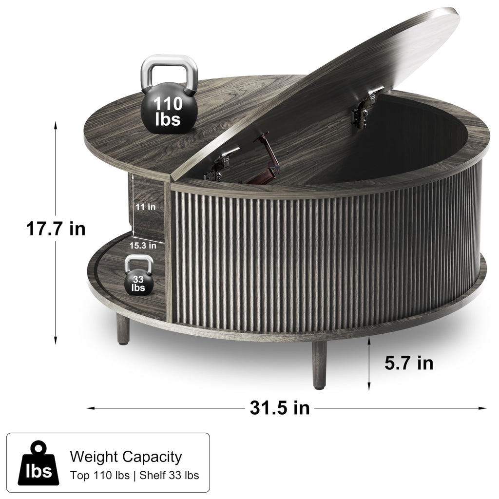 Round Coffee Table, 31.5" Lift-Top with Storage, Grey R70464