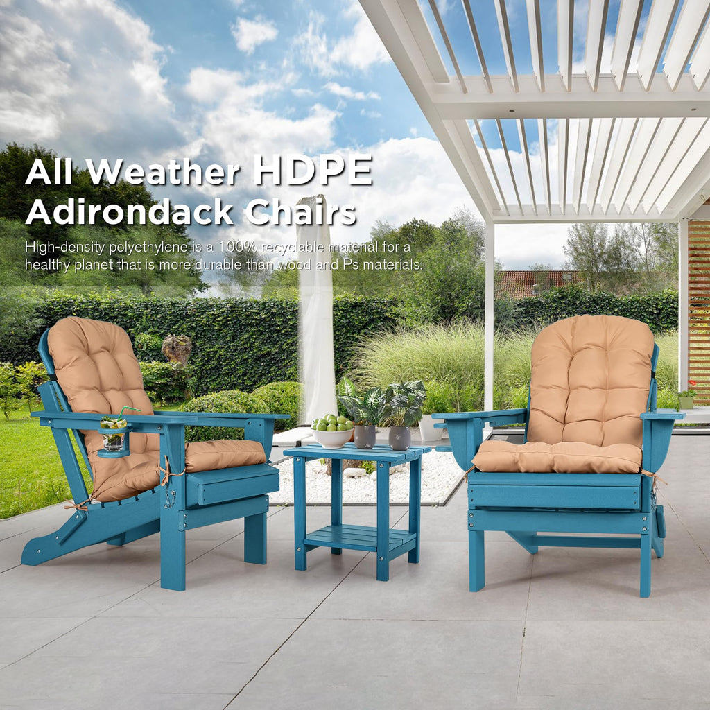 Folding Adirondack Chairs Set of 2 with Cushion, Blue HDPE Plastic Oversized Patio Chair N14958