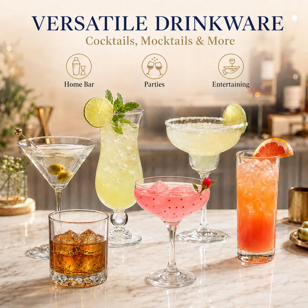 6 Set Cocktail Glasses Mixed Drinkware T95045