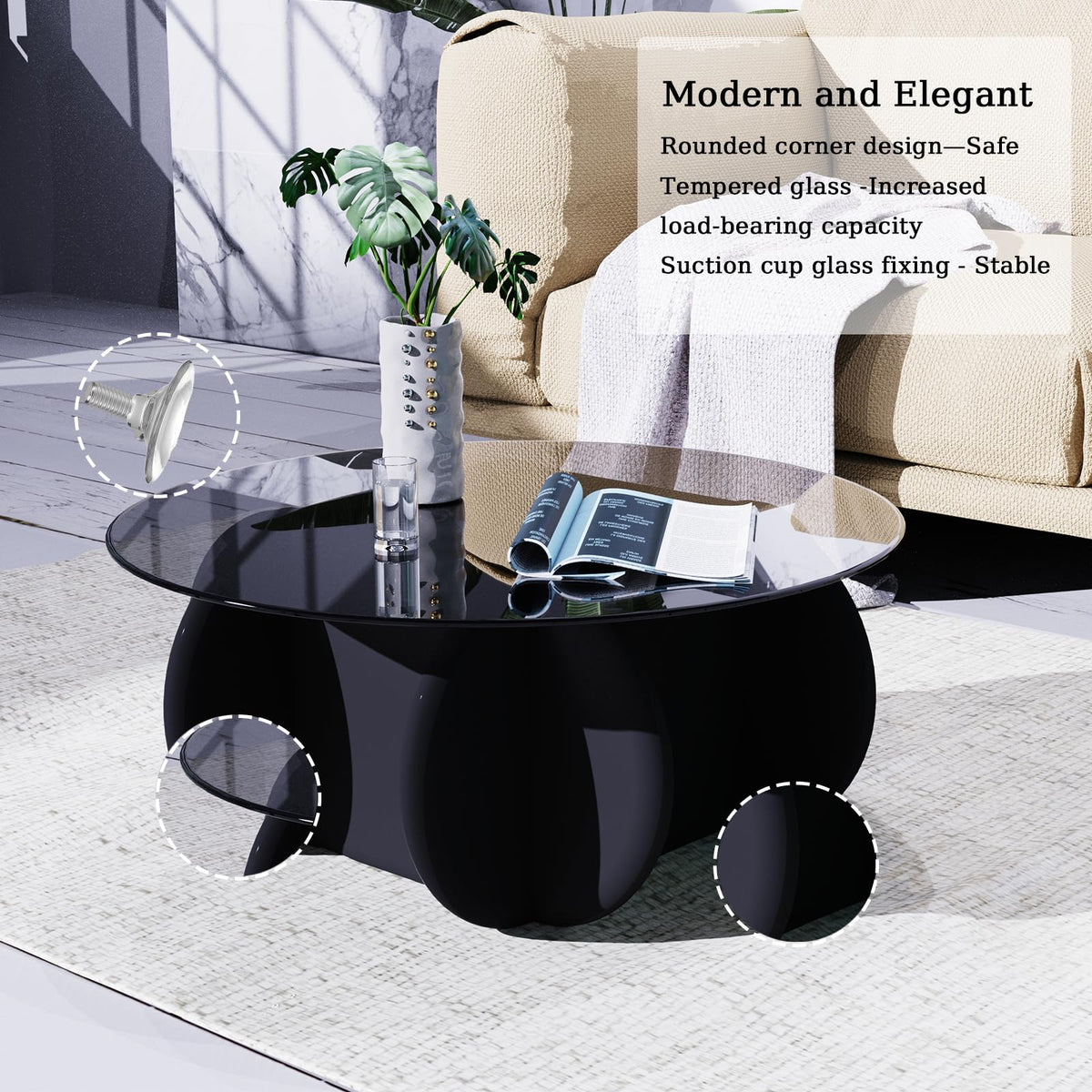 Black Round Glass Top Coffee Table E5505