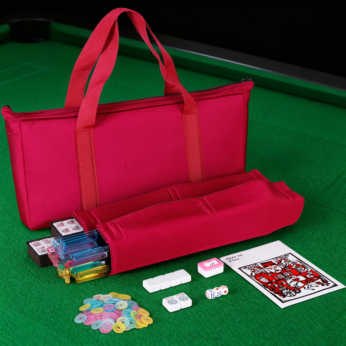 166 Tiles 4 Colors Mahjong Set with Rack Pushers Soft Bag A67813