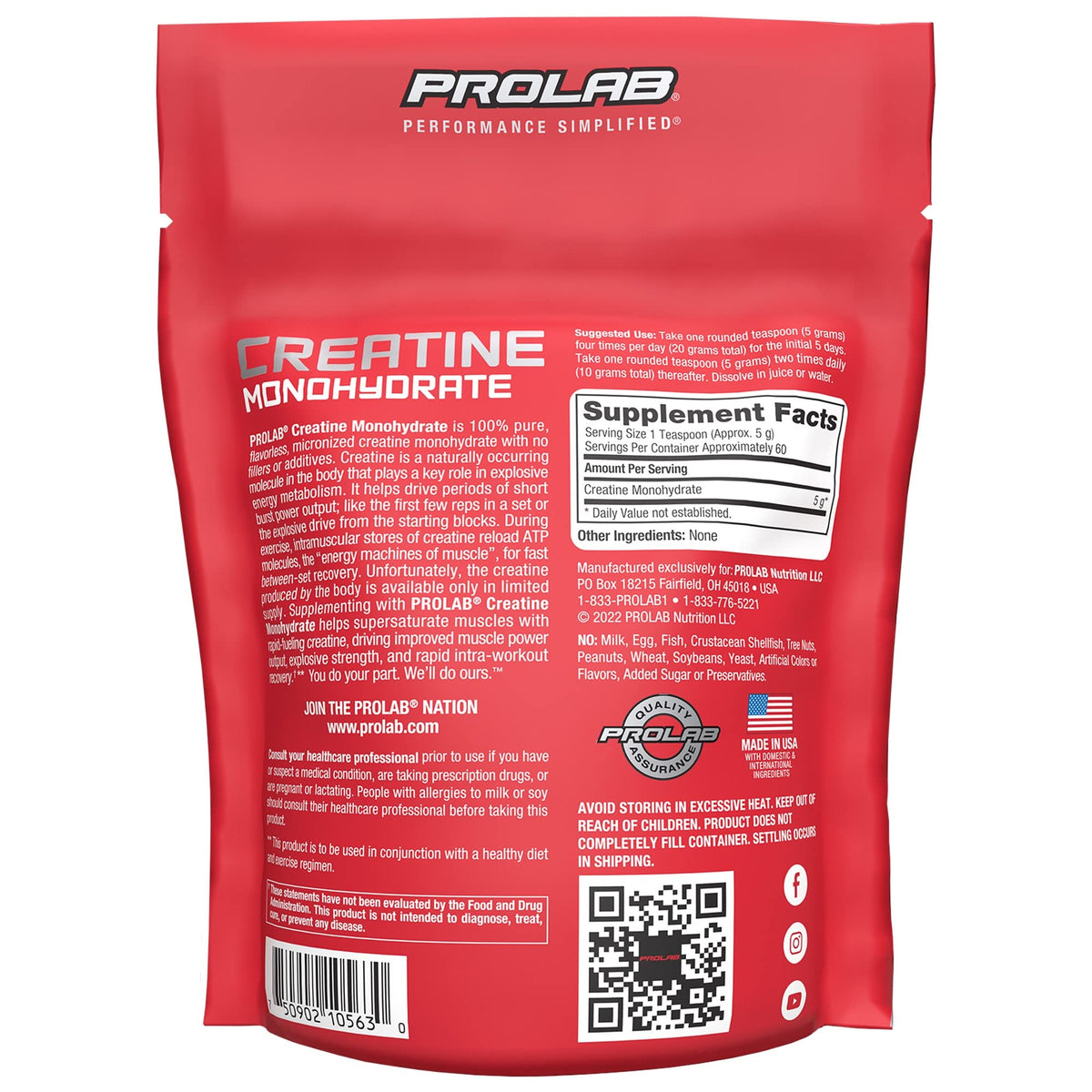 Creatine Monohydrate Powder 5g 300g 60 Servings A876872