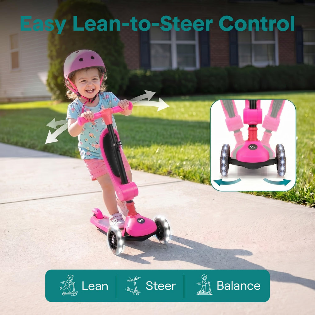 3 Wheel Scooter for Toddlers & Kids, Foldable Seat, LED Wheels, Adjustable Handlebar, Anti-Slip Deck, Rear Foot Brake, Lean-to-Steer, Pink B634
