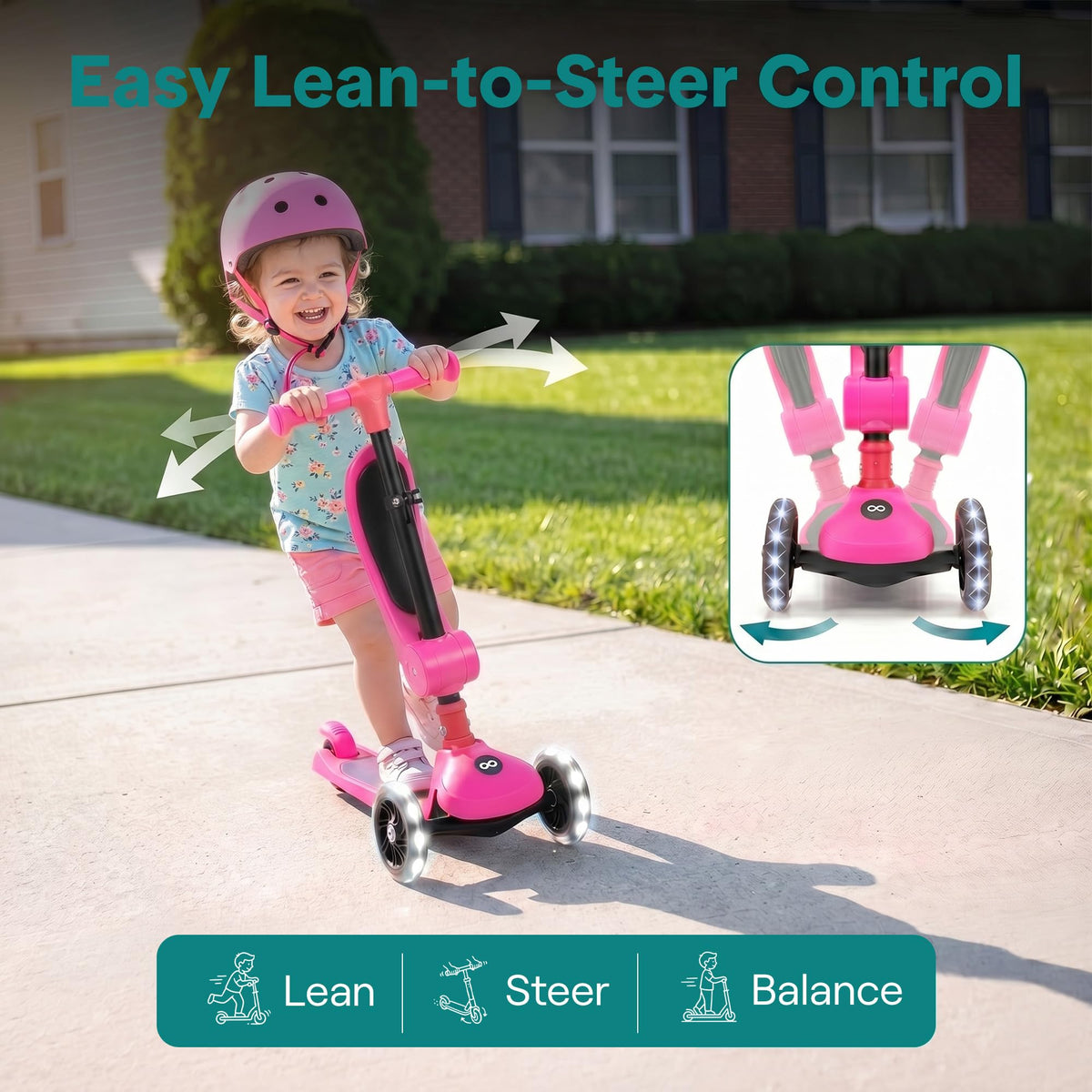 3 Wheel Scooter for Toddlers & Kids, Foldable Seat, LED Wheels, Adjustable Handlebar, Anti-Slip Deck, Rear Foot Brake, Lean-to-Steer, Pink B634