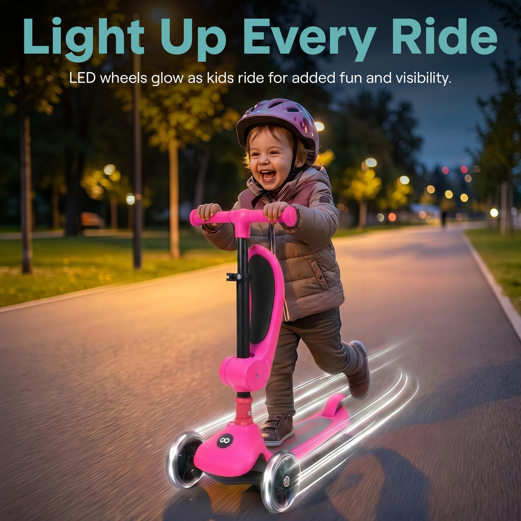 3 Wheel Scooter for Toddlers & Kids, Foldable Seat, LED Wheels, Adjustable Handlebar, Anti-Slip Deck, Rear Foot Brake, Lean-to-Steer, Pink B634