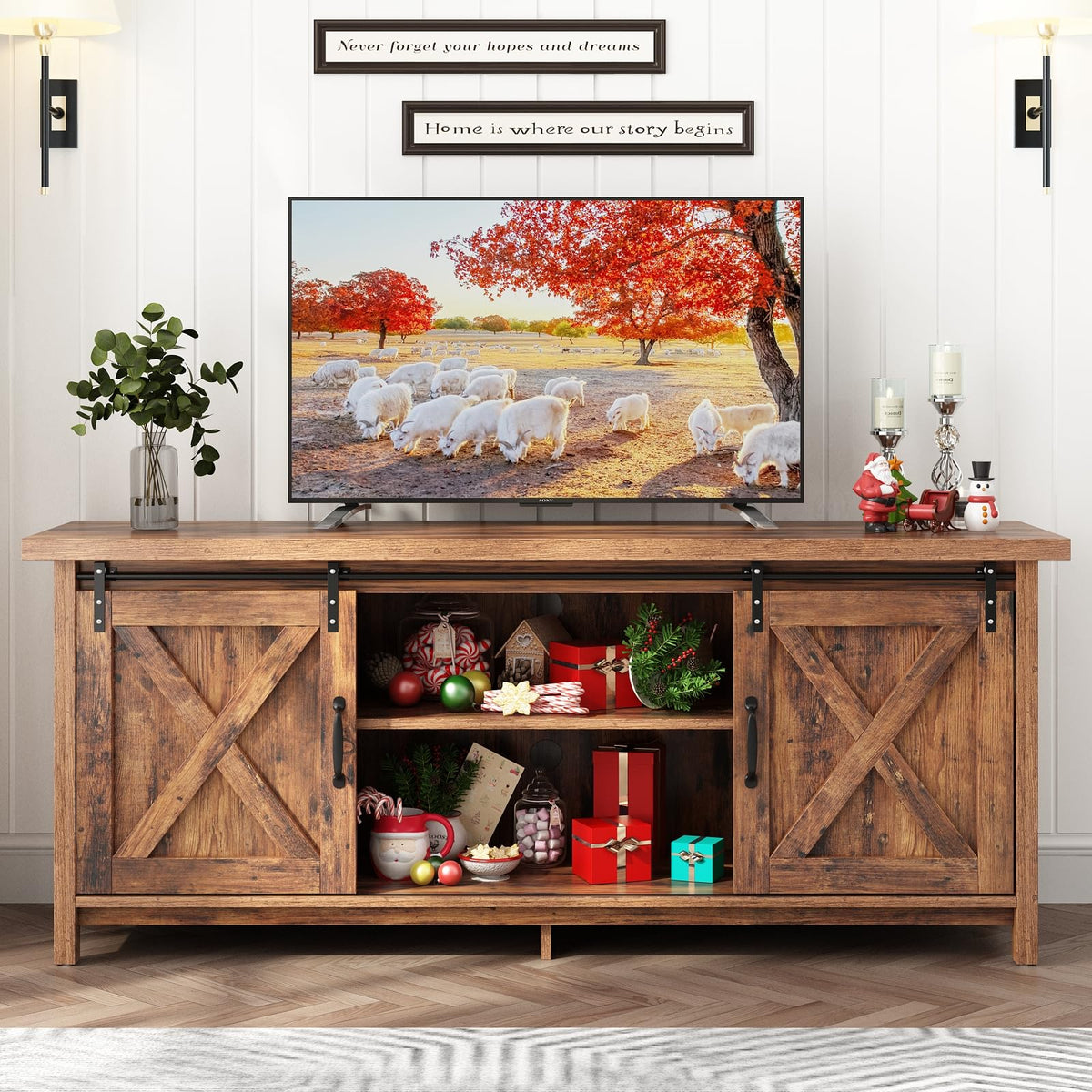 Farmhouse TV Stand with Adjustable Shelves & Sliding Barn Door X1769